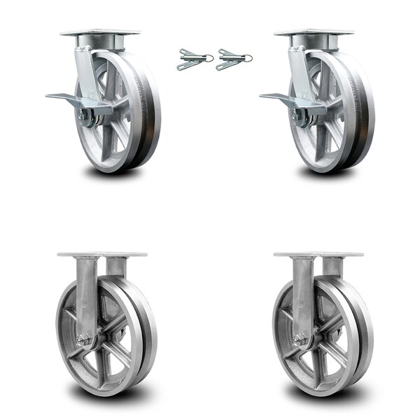 Service Caster 8 Inch Kingpinless V Groove Semi Steel Caster Brake & Swivel Locks 2 Rigid, 2PK SCC-KP30S820-VGR-SLB-BSL-2-R-2 - main